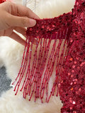 Sequins Party Maxi Dress For Women Sexy V-Neck Short Sleeve High Waist Tassel Long Robe Female Elegant