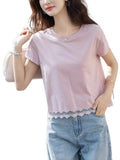 Style Lace Splicing Design Short-Sleeved T-Shirt 2025 Summer New Age-Reduce Round Collar Small Short