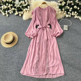 And Autumn New French Retro Hollow Hook Lace Spliced Lantern Sleeve Dress Strapped Waist Temperament
