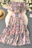 Floral Chiffon Midi Dress Women Sexy Slash Neck Ruffle Short Sleeve A-line Printed Vacation Beach Vestidos Robe