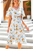 Ladies Summer Dress Women Casual Short Sleeve Ruffles Floral Print Holiday Style Chic Long Dress Beach Chiffon