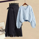 Women Winter Patchwork Long Sleeve Knitted Tops + Asymmetric Skirt 2 Piece Suit Female Party Elegant Two Piece Set 211-0-Outfit