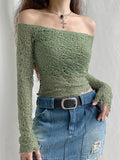 Harajuku Off Shoulder Crop Top Fishnet Skinny Sexy Female T-shirt Y2K Fashion Hollow Out Sexy Summer Tee Shirts
