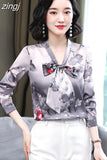 Silk Blouses Women Satin Print Blouse Women Long Sleeve Shirts Woman V-neck Silk Blouses Ladies Floral Blouse for