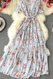 Bohemian Vacation Chiffon Long Dress Women Black/Blue/Pink/Beige Pleated Vestidos Female Ruffle Robe 2023 New