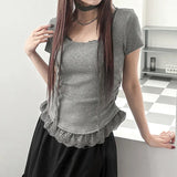 Hottie Style Solid Color Lace Splicing Short Sleeves Around The Neck Coat Folded Waist Collar Casual T-Shirt