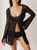Beach Skirt In Front Of The Fork Knitted Hollow Bikini Hooded U-Collar