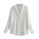 Women Lapel Solid Elegant Satin Shirt Blouses 2023 Vintage Long Sleeve Loose Button Up Female Single Breasted Shirts Tops