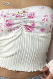 Women Y2K Sexy Strapless Tube Crop Tops Fairy Grunge Summer Knitted Floral Print Patchwork Tank Vest Streetwear