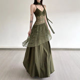 Lace Splicing Perspective To Close Waist-Skinny Sling Dress Long With Round Neck