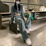 Zingj Ripped Jeans Female 2023 New Plus-Size High Waist Loose Versatile Straight Leg Show Slim Wide-Leg