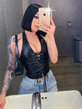 Black White PU Leather Sexy Crop Top Y2k Streetwear Halter Backless Lace Up Bandage Tank Tops Women Clothing