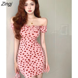 Sleeve Dress Bow Design Sweet Heart-print Lovely Summer Slash Neck Sexy Sheath Hot Korean Style Vestidos Popular Beach