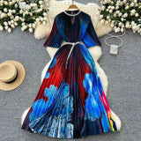 Women's Niche Elegant Dress New Hollow Nail Ball Neck-To-Celing Waist-Print Folding Long