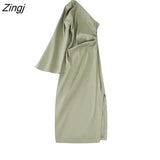 Women Sexy Single Shoulder Solid Asymetrical Midi Dress Female Chic Side Pleats Slim Zipper Split Party Vestidos
