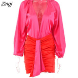 Sexy Deep V-neck Satin Two Piece Set Women Long Sleeve Top Short Skirt Sets Matching Casual Partywear Winter Women