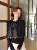 Xixi 2025 Autumn White Standard Korean Version Of Elegant Temperament Solid Color Tie With Thin Knitted Shirt Top Lady