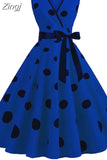 Women 2023 Summer Polka Dot Vintage Dress Sexy Deep V Neck Sleeveless Party Sundress Elegant Casual Belt Beach