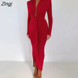 Side Split Pleated Evening Dress Women Sexy Slim High Waist Elegant Party Robe Bodycon Deep V Neck Bandage Ladies