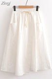Women Skirt Summer Korean Style Solid Elastic High Waist Midi Long Skirt With Belt Female Office Ladies