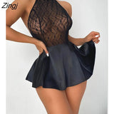 Valentine's Day Lingerie Women One Piece Homewear Night Gowns Bowknot Decor Backless Halter Lace Babydoll Sexy Mini