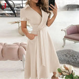 Women Summer Long Dress Short Sleeve V Neck Solid Vintage Elegant Chic Shirt Dress With Belt Office Ladies Party