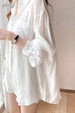 Korean Fashion Wrinkle Women Sun Proof Shirt Elegant Ice Silk Long Sleeve White Blouse Loose All Match Lazy Wind Tops