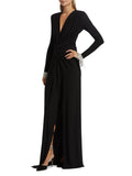 Women's New Sexy Deep V Kinesk Long-Sleeved Dress Dress High Open-Pocket Bag Even