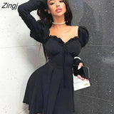 Sexy Off Shoulder Lace Up Women Dress Blue Long Sleeve Strapless Mini Dress Women Autumn Slim Fashion Streetwear
