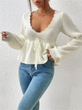 V-Neck Drawstring With Lotus Leaf-Side Skirt Knitted Head