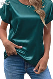 Summer Tops Woman Short Sleeve Silk Blouse Loose Casual O-Neck Solid Shirts Fashion Satin Clothing Elegant