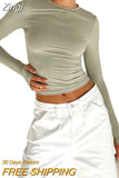 Women Spring Fall Casual Slim Fit Basic Crop Tops Solid Color Long Sleeve Crew Neck Pullover Tight Tee Shirts