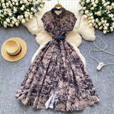 2025 New Clip Short Sleeves Lightly Knee Vintage Printed Dress Elegant Waist Grand