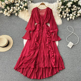 Zingj Sexy Solid Color V-Neck Pleated Flounce Flared Sleeve To The