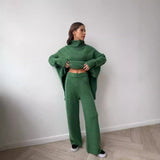 High-Neck Open Fork Wool Sweater Set Women's Loose Casual Lazy Knitting Trousers