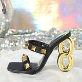 Gold 8 Words And Alien Heel And Rivet Explosion High Heel Sandals Temperament