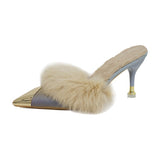 High And Slippers Women Wear Velvet New Pointed Half-Tug Korean Version Of The Tip Tip And High Heel