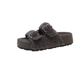 New Lamb Hairy Shoes Double Buckle Buckle Buckle Shoes Thick-Skin Pine Cake Word Sandals To Wear Slippers Women's