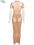 Mesh Outfits Women Two Piece Set Skinny O-Neck Short Sleeve Bodysuits Top+Skirt See Through Clubwear Vacation Matching