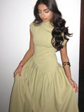 Solid Irregular Pleated A-line Maxi Dress Women Elegant Diagonal Collar Short Sleeve Robe 2024 Summer Lady Chic