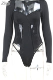 Mesh Patchwork Bodysuits Top Women 2023 Sexy Long Sleeve See Through Slim Fit Jumpsuit Black Low Cut Rompers