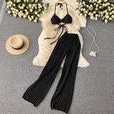 Zingj Vacation Suit Sexy Hanging Neck Wipe Chest Strap Top Hollow Out Knit Wide-Leg Pants Two
