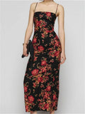 Vintage Floral Print Long Dress for Women Sleeveless Spaghetti Strap Simmer Dress Back Split Cocktail Party