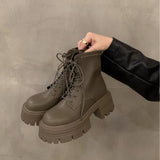Zingj Boots Women's Shoes British Wind In 2023 Fall New Short Boots Versatile Thick Sole Spring And Autumn Web Celebrity Single Boots Khaki-Outfit