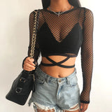 Women's Fashion Sexy Grid Perspective Women's Top Long-Sleeved Tight-D-Up T-Shirt