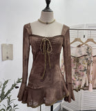 And Summer New French Style Tie Dyed Horn Long-Sleeved Lace Side Design T-Shirt