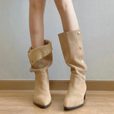 Zingj Shoe Two Wear Vintage Wrinkled Boots Frosted Pile Boots Female Thick Heel Temperament Pointed Button Middle Boots-Outfit