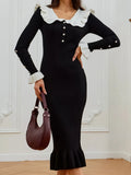 And Winter French Body-Repair Temperament Color Lotus Leaf-Side Sweater Dress Elegant Retro Knitted