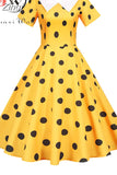 Women Summer Yellow Polka Dot Short Sleeve Peter Pan Collar Elegant Party Dress Casual Vintage A-line Midi
