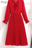 Women Dress Chiffon Elegant Vintage Bow Collar Long Sleeve Autumn Winter Midi Shirt Dresses 2023 Solid Slim Clothes